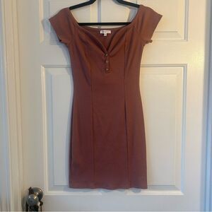 Off the Shoulder Ribbed Plunging Neckline Blush Dress